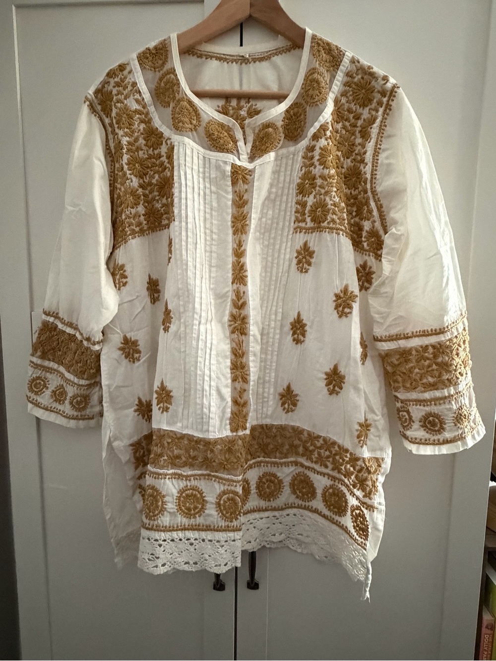 White Cotton Tunic with Gold Embroidery and Crochet Trim